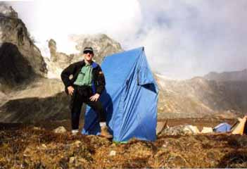 Jerome Ryan with toilet tent on the Everest Kangshung East Face trek in October 1998